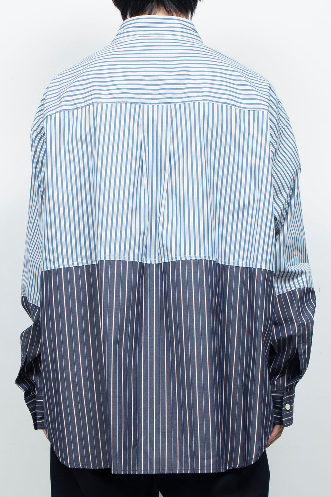 "BEAN”  Switching Balloon Side Pleats Shirt NAVY STRIPE