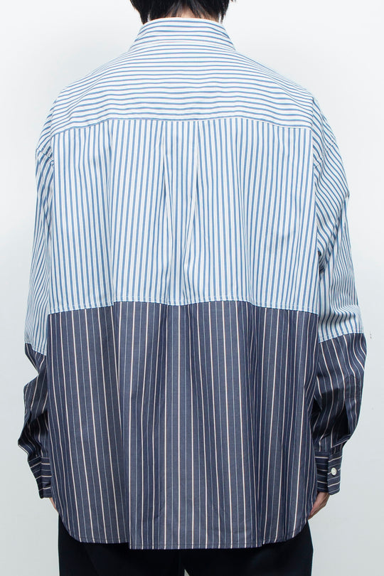 "BEAN”  Switching Balloon Side Pleats Shirt NAVY STRIPE