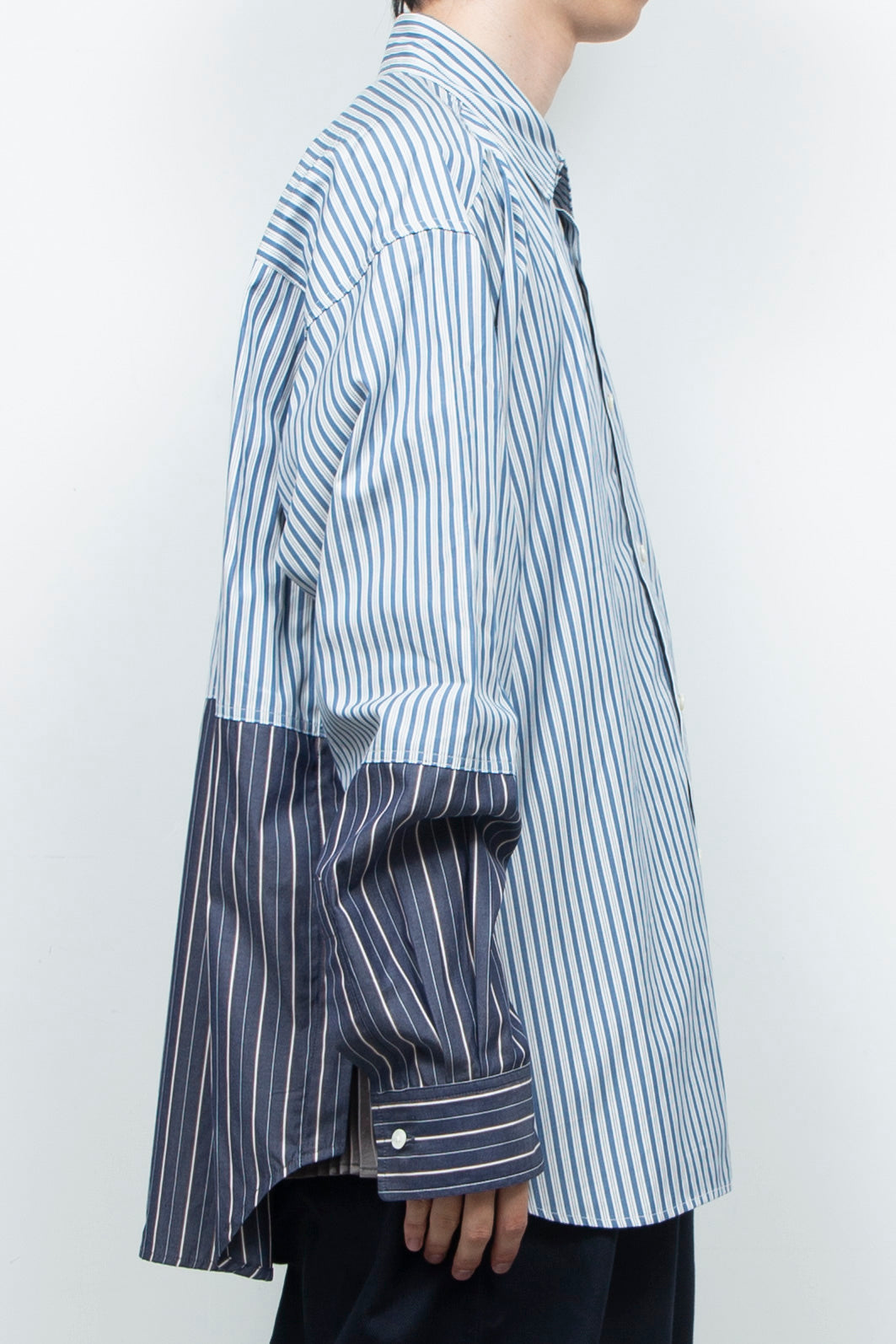 "BEAN”  Switching Balloon Side Pleats Shirt NAVY STRIPE