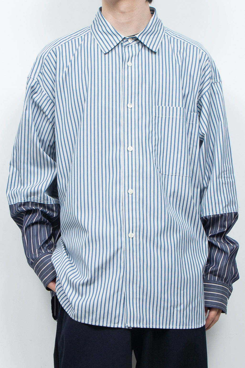 "BEAN”  Switching Balloon Side Pleats Shirt NAVY STRIPE