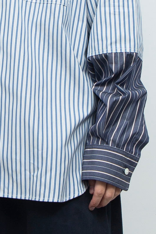 "BEAN”  Switching Balloon Side Pleats Shirt NAVY STRIPE