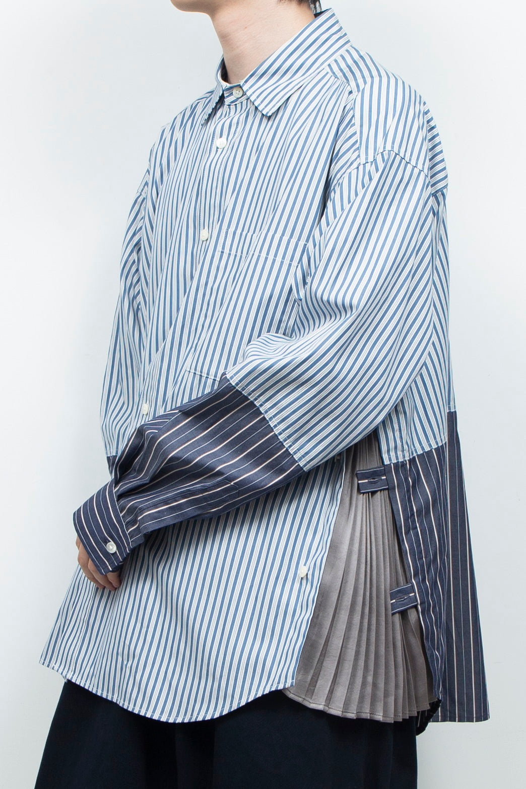 "BEAN”  Switching Balloon Side Pleats Shirt NAVY STRIPE