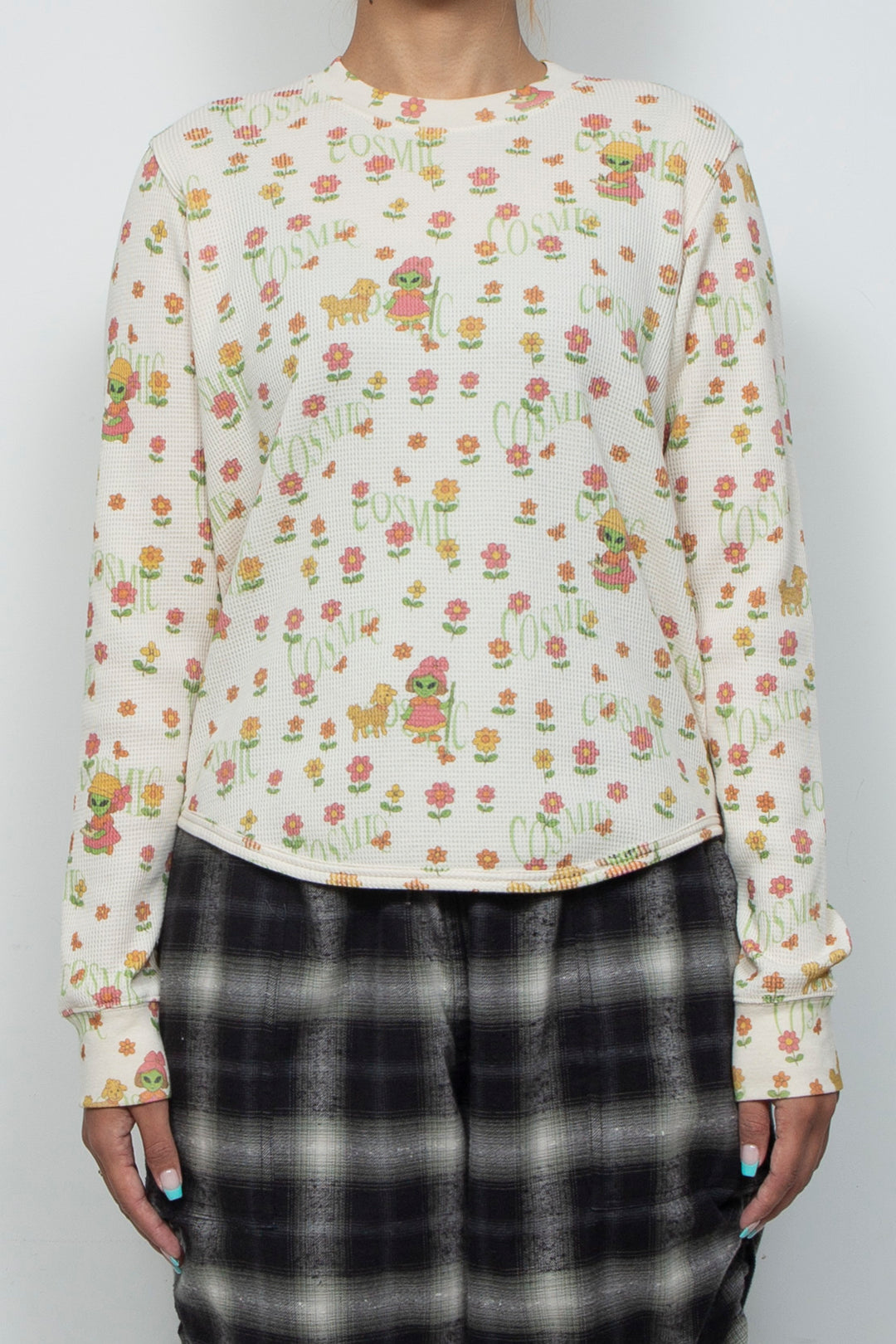 Printed Waffle Long-Sleeve Top