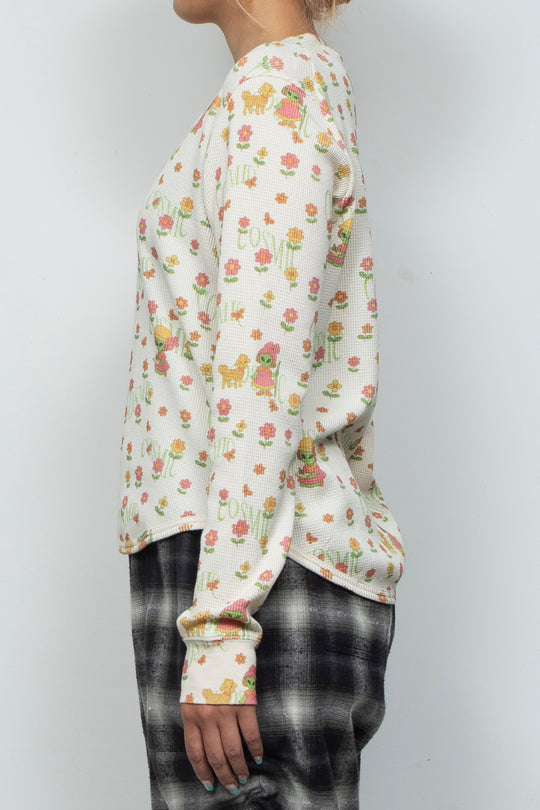 Printed Waffle Long-Sleeve Top