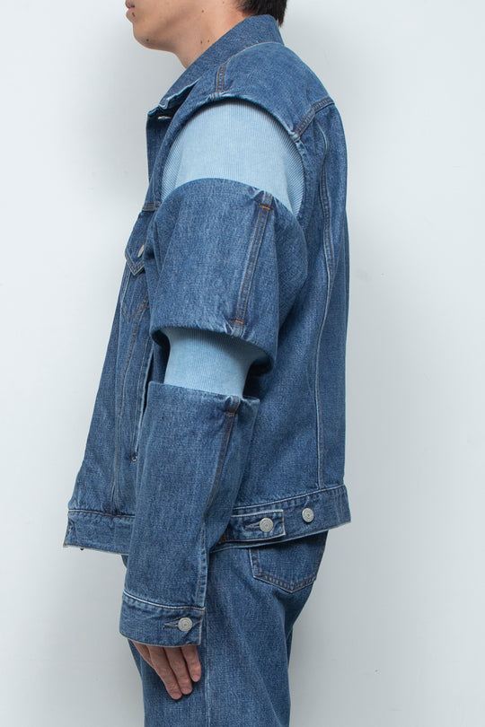Rib Knit-Denim Jacket Indigo