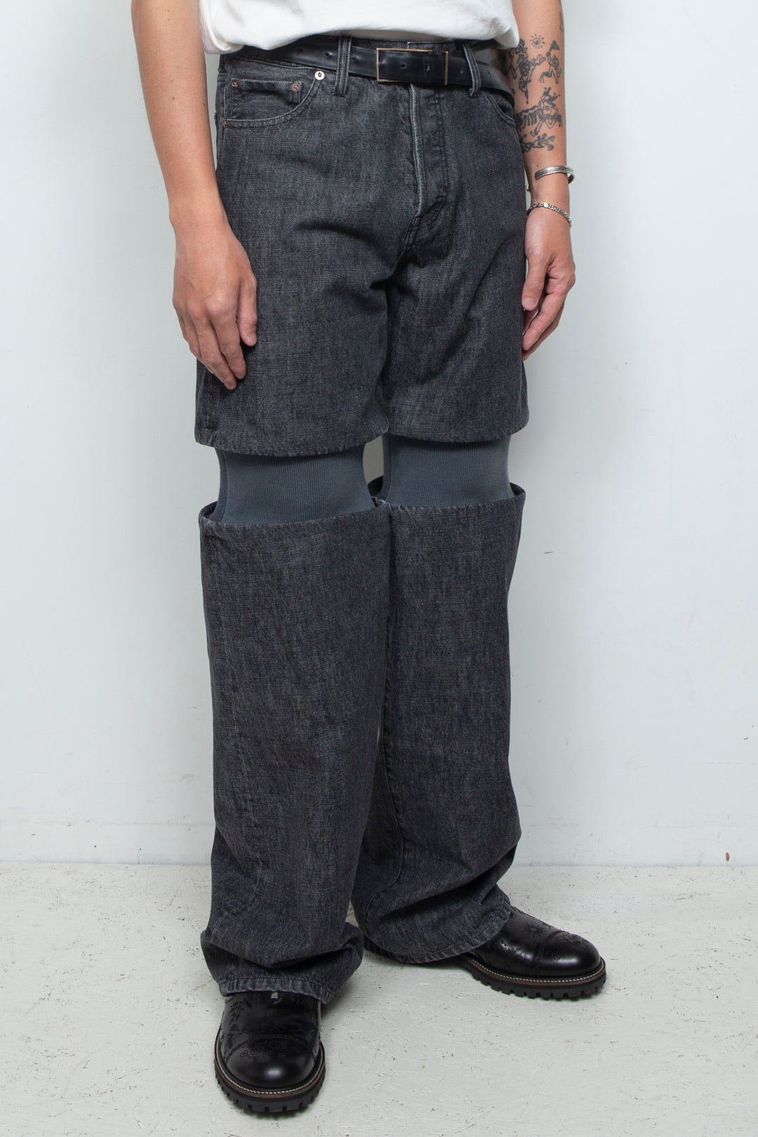 Rib Knit Denim Bottoms Black