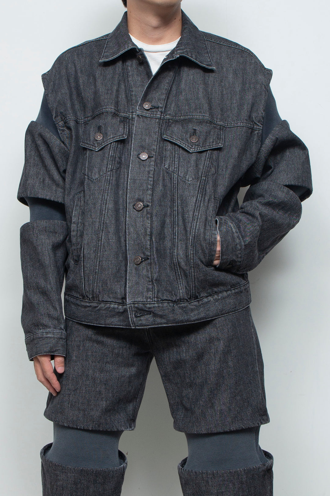 Rib Knit Denim Jacket Black