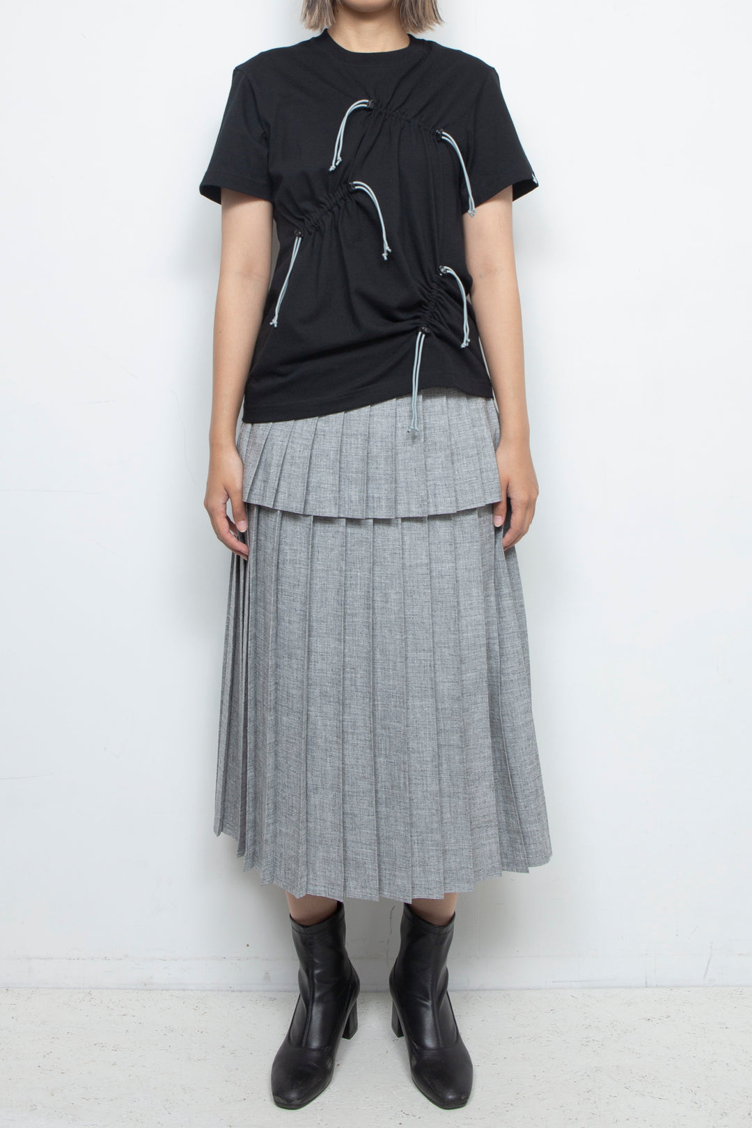 Drawstring Gathered T-Shirt Black