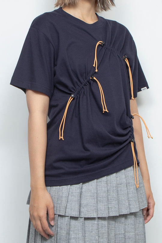 Drawstring Gathered T-Shirt Navy