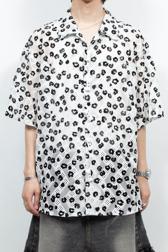 Two tone leopard print casual shirt White