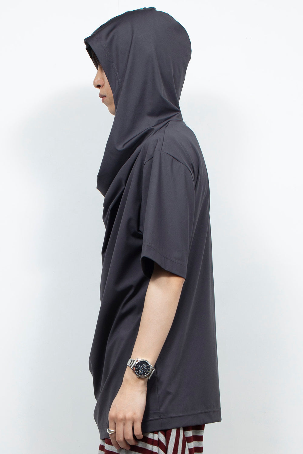 Dark gray hooded short sleeved shirt