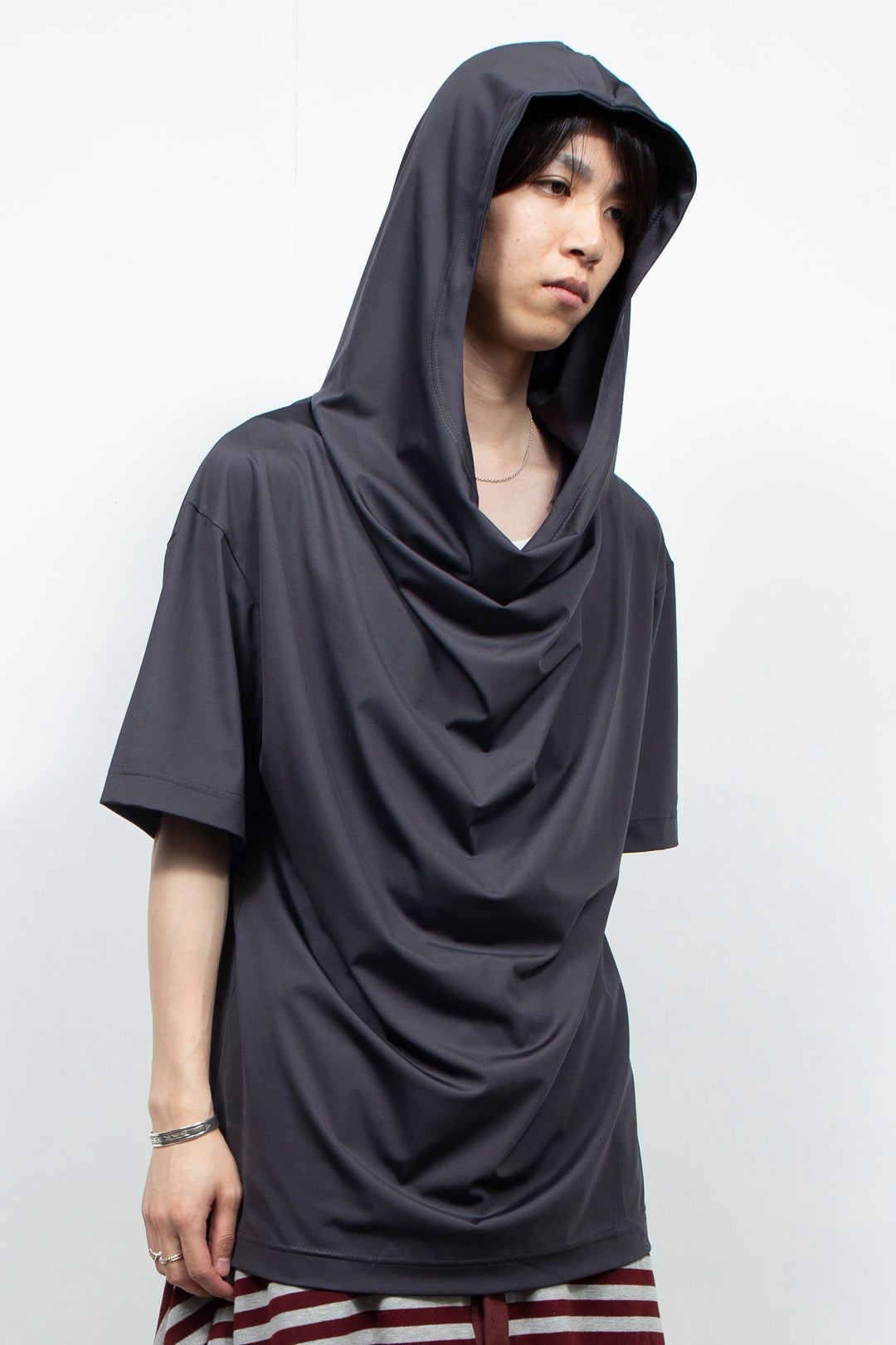 Dark gray hooded short sleeved shirt