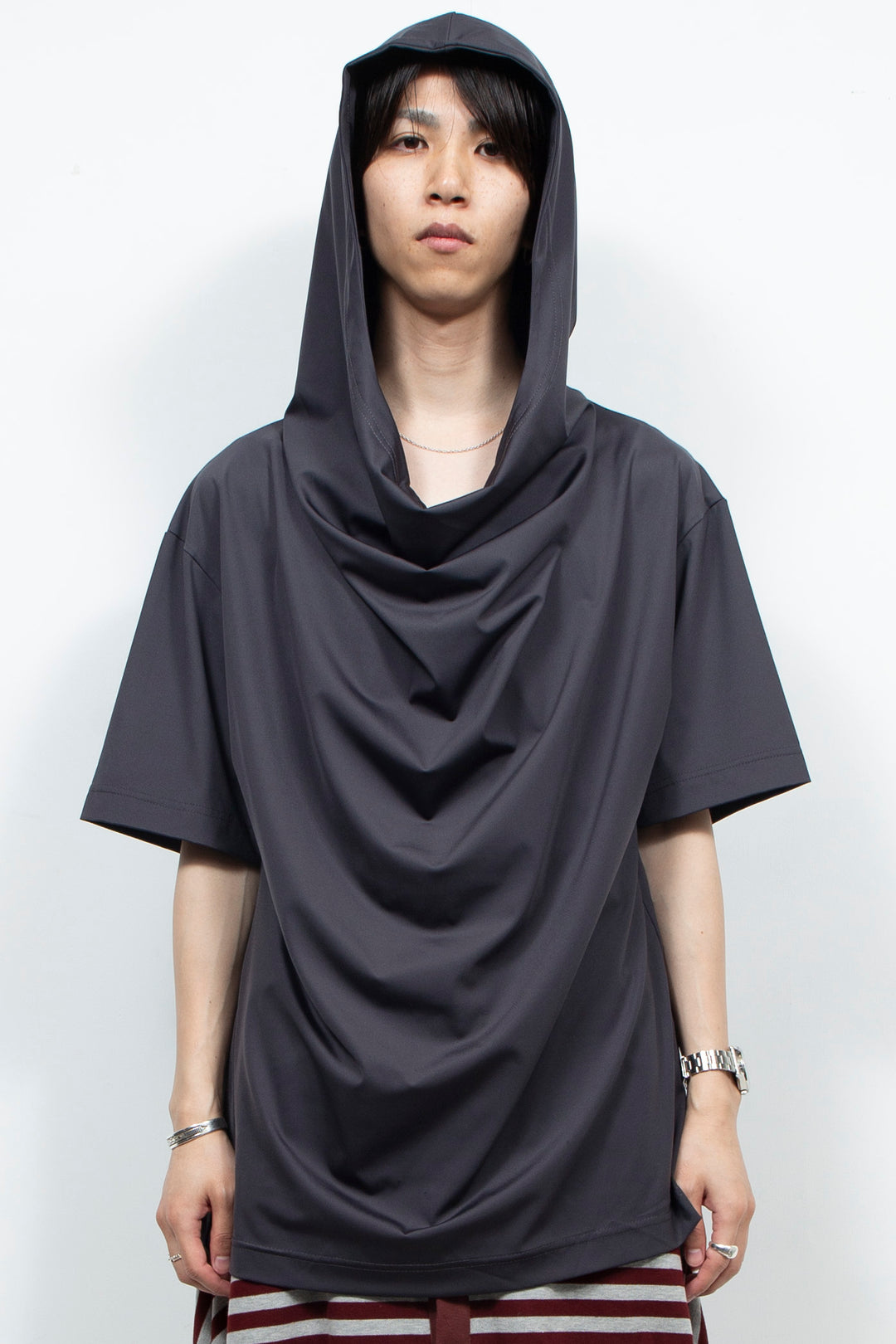 Dark gray hooded short sleeved shirt