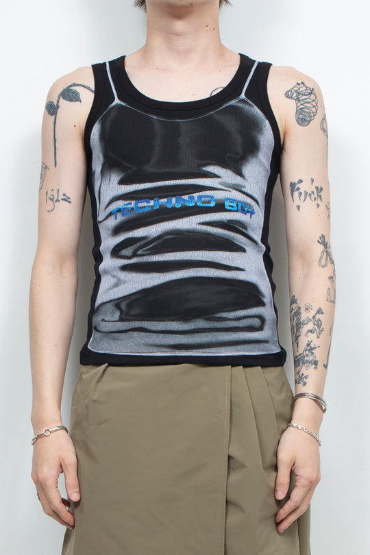 Two tone printed thread vest Black