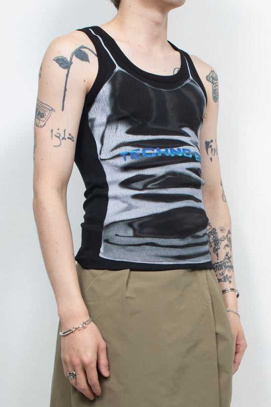 Two tone printed thread vest Black