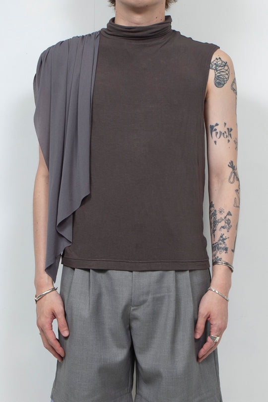 Two tone ribbon high neck vest Gray