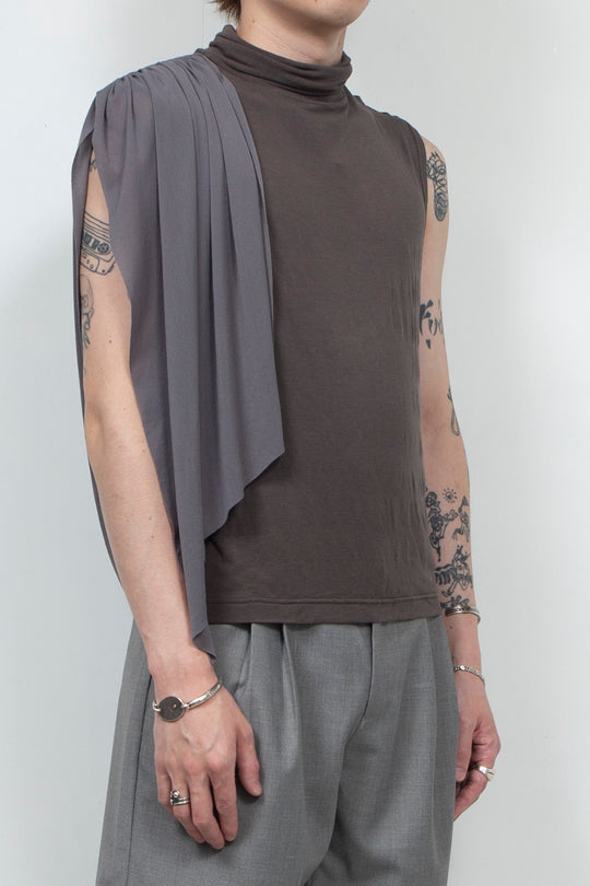 Two tone ribbon high neck vest Gray