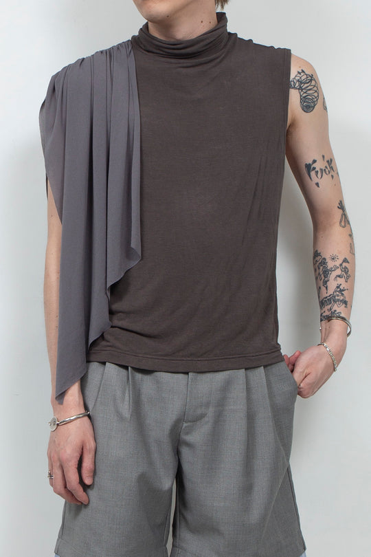 Two tone ribbon high neck vest Gray