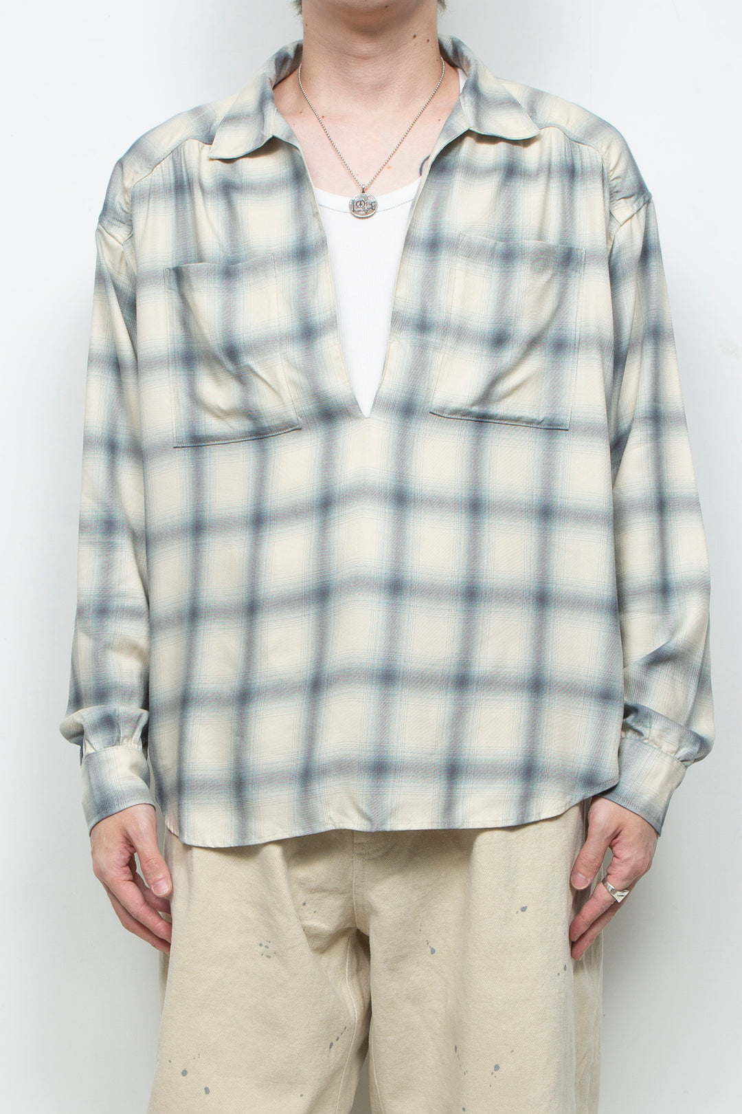 Rayon Ombre Gathered Skipper Shirt WHITE
