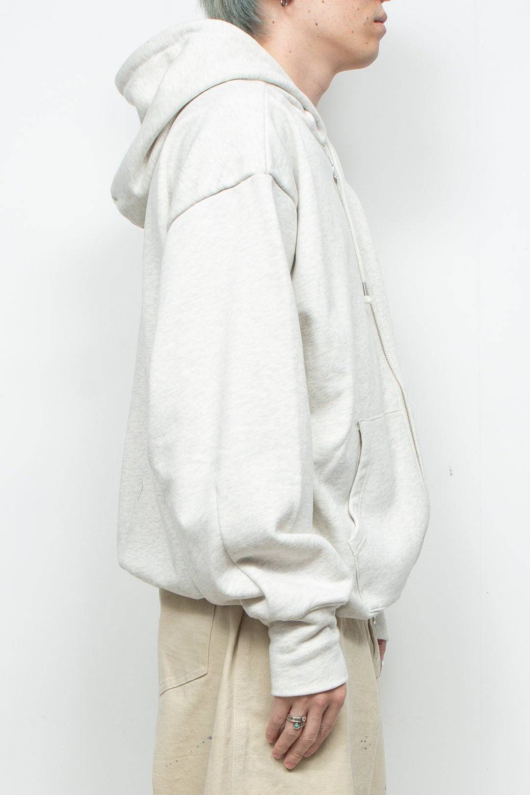 Heavyweight Gathered Hem Zip-Up Hoodie GREY