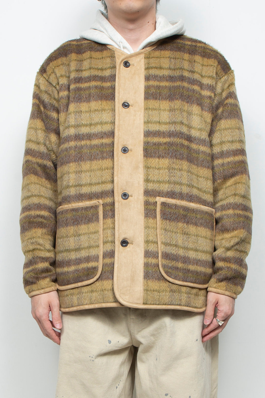 Suede Combo Shaggy Check Cardigan BROWN
