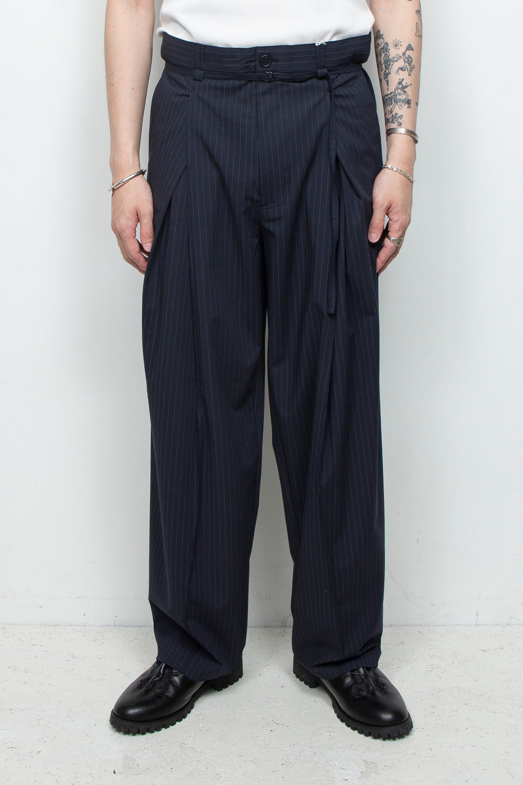 Handsome Stripe Layered Pin-tuck Pants NAVY