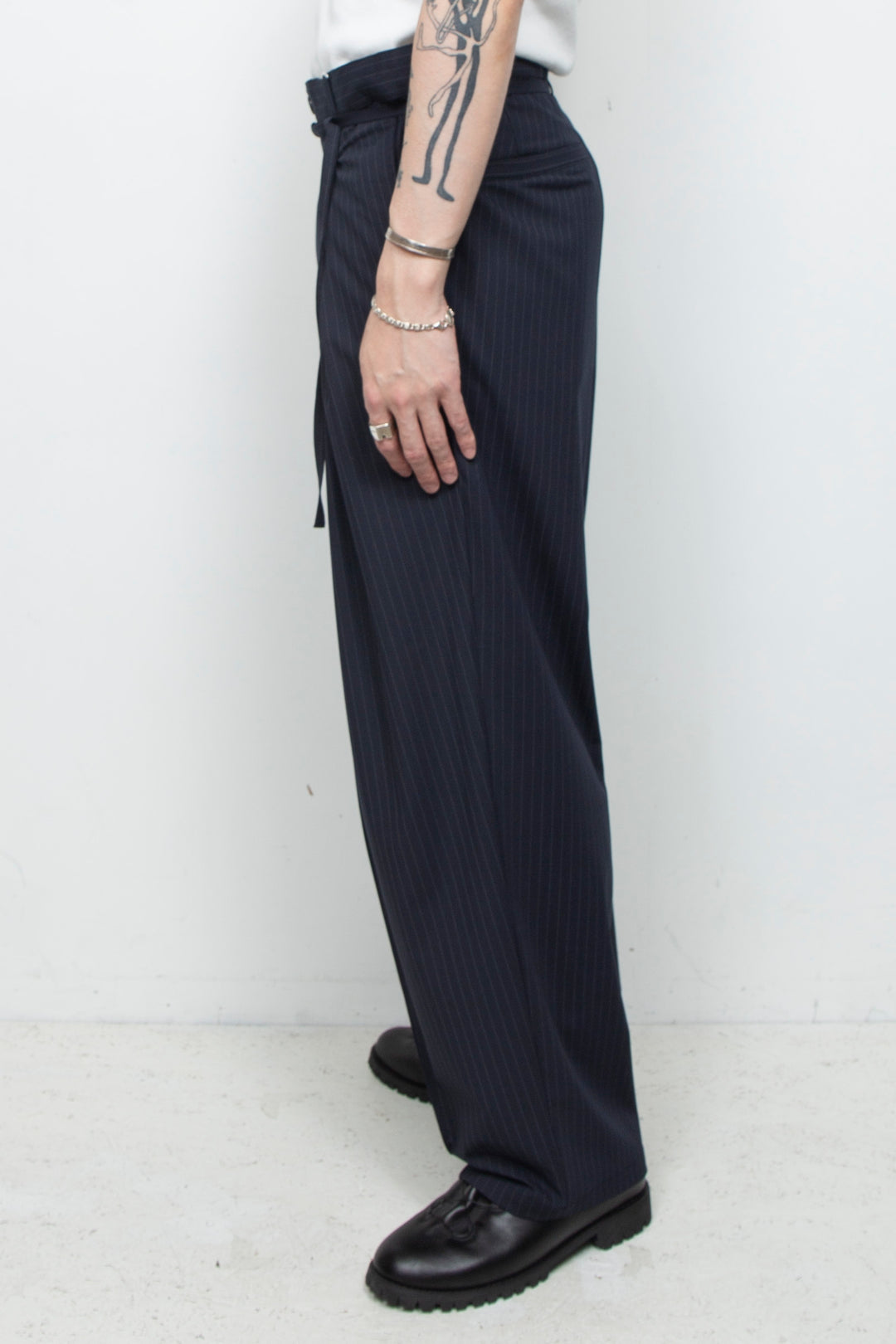 Handsome Stripe Layered Pin-tuck Pants NAVY
