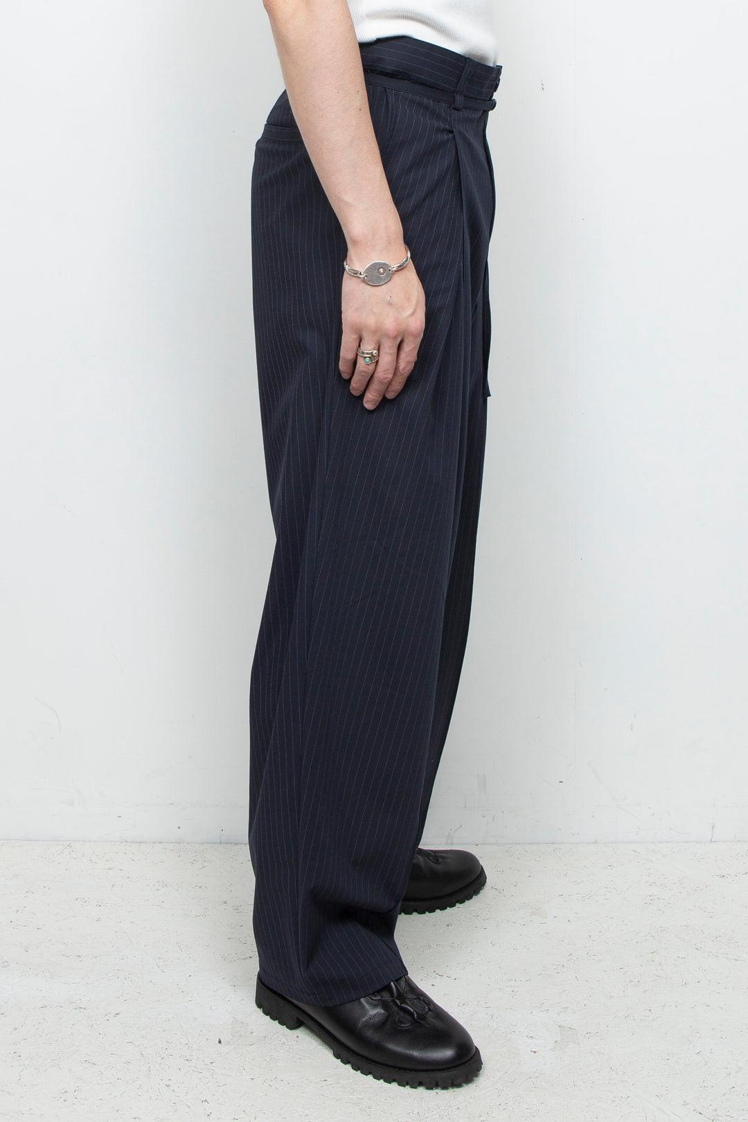 Handsome Stripe Layered Pin-tuck Pants NAVY