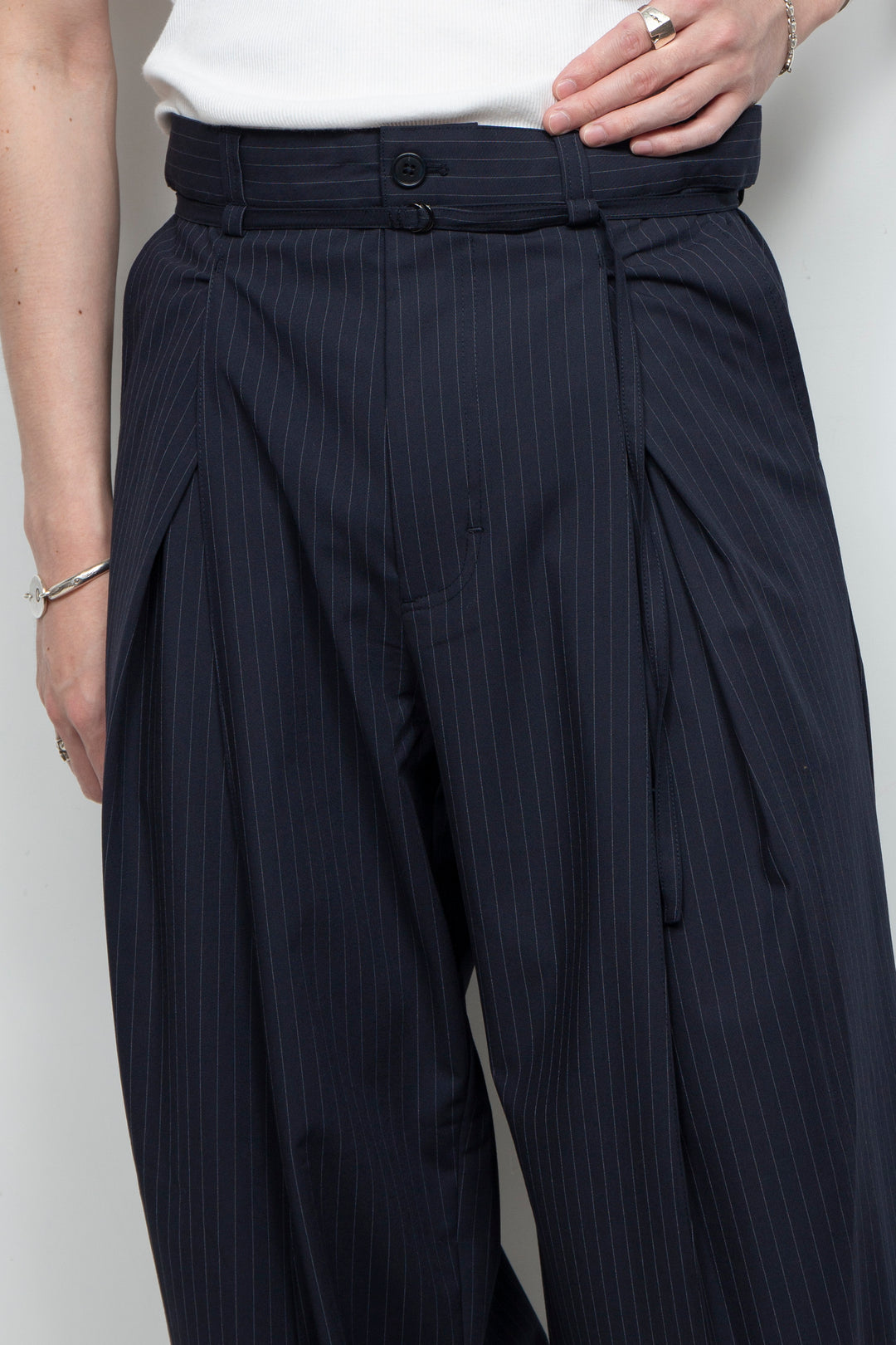 Handsome Stripe Layered Pin-tuck Pants NAVY