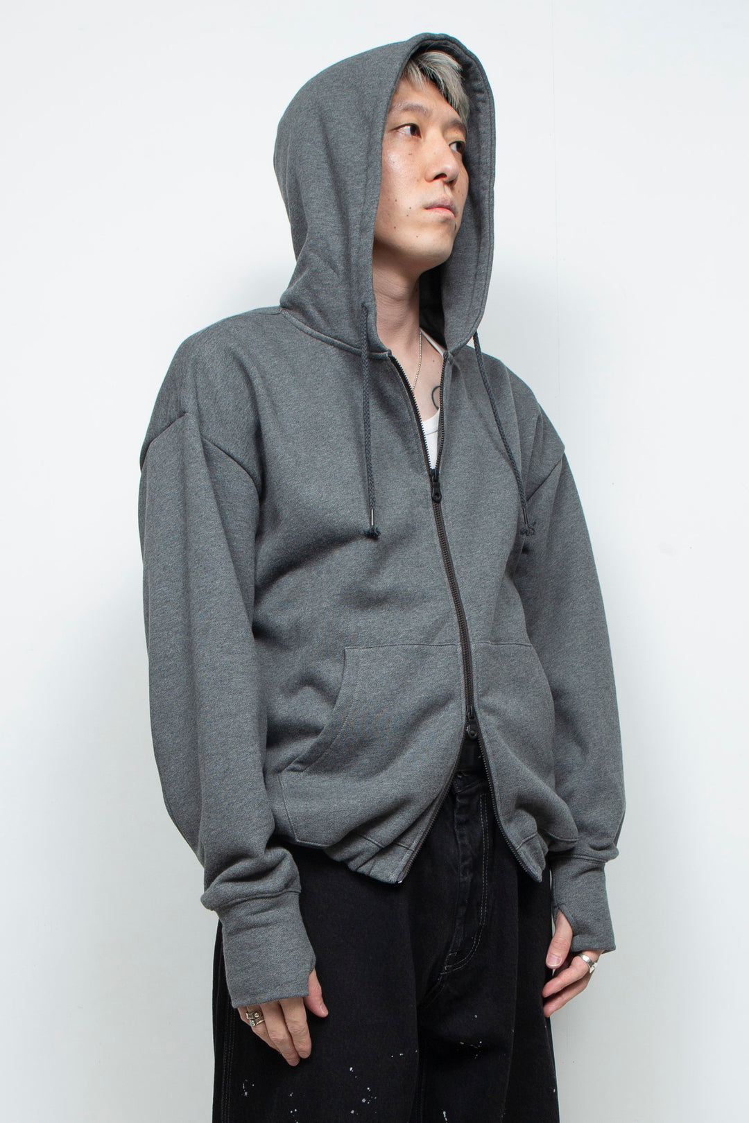 Heavyweight Gathered Hem Zip-Up Hoodie CHARCOAL