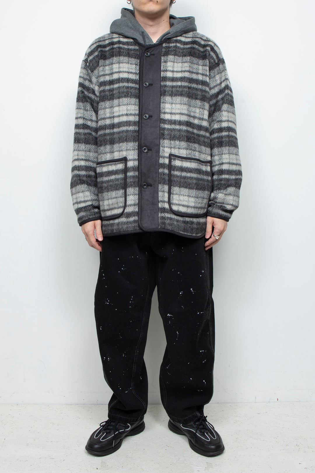 Suede Combo Shaggy Check Cardigan CHARCOAL