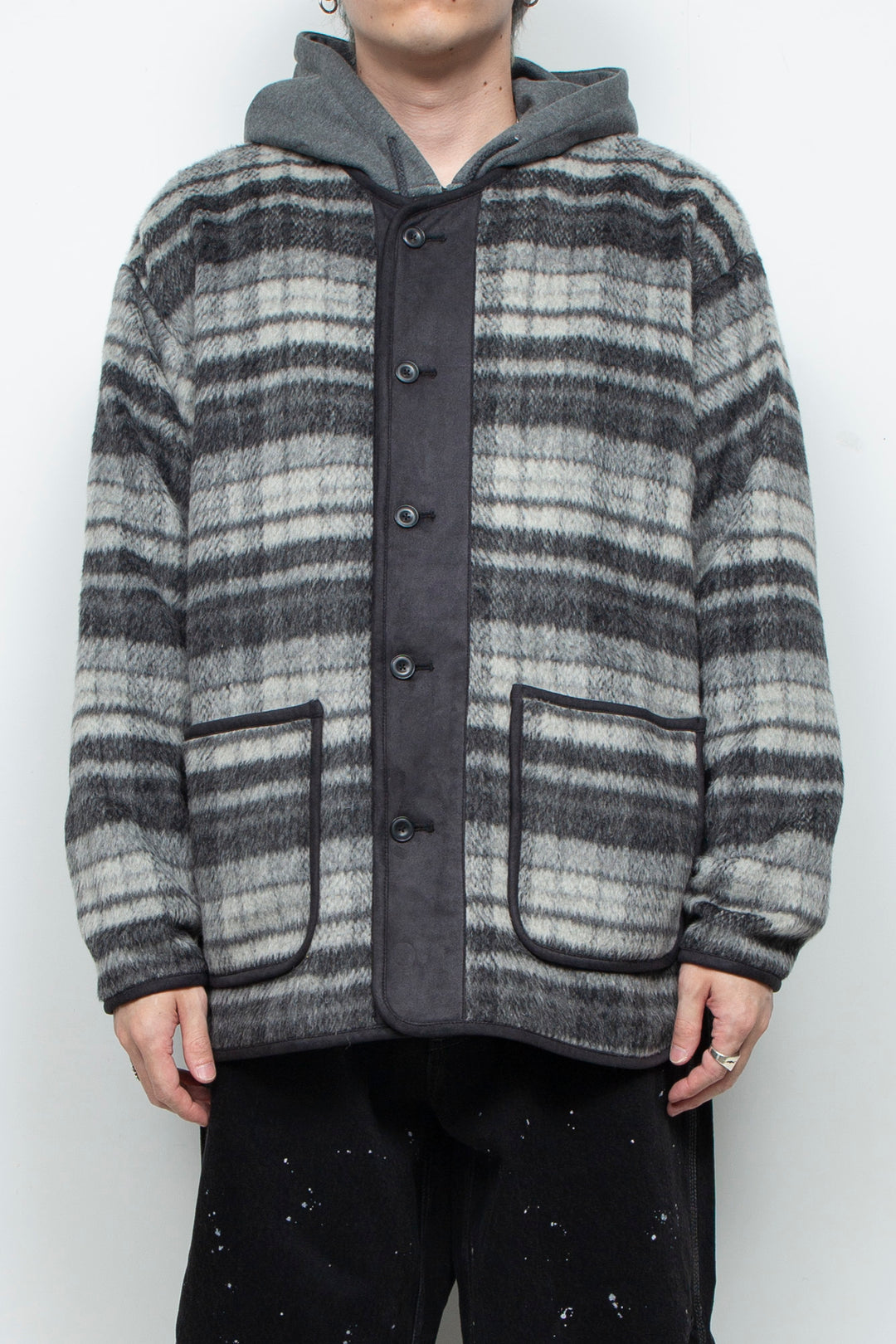 Suede Combo Shaggy Check Cardigan CHARCOAL