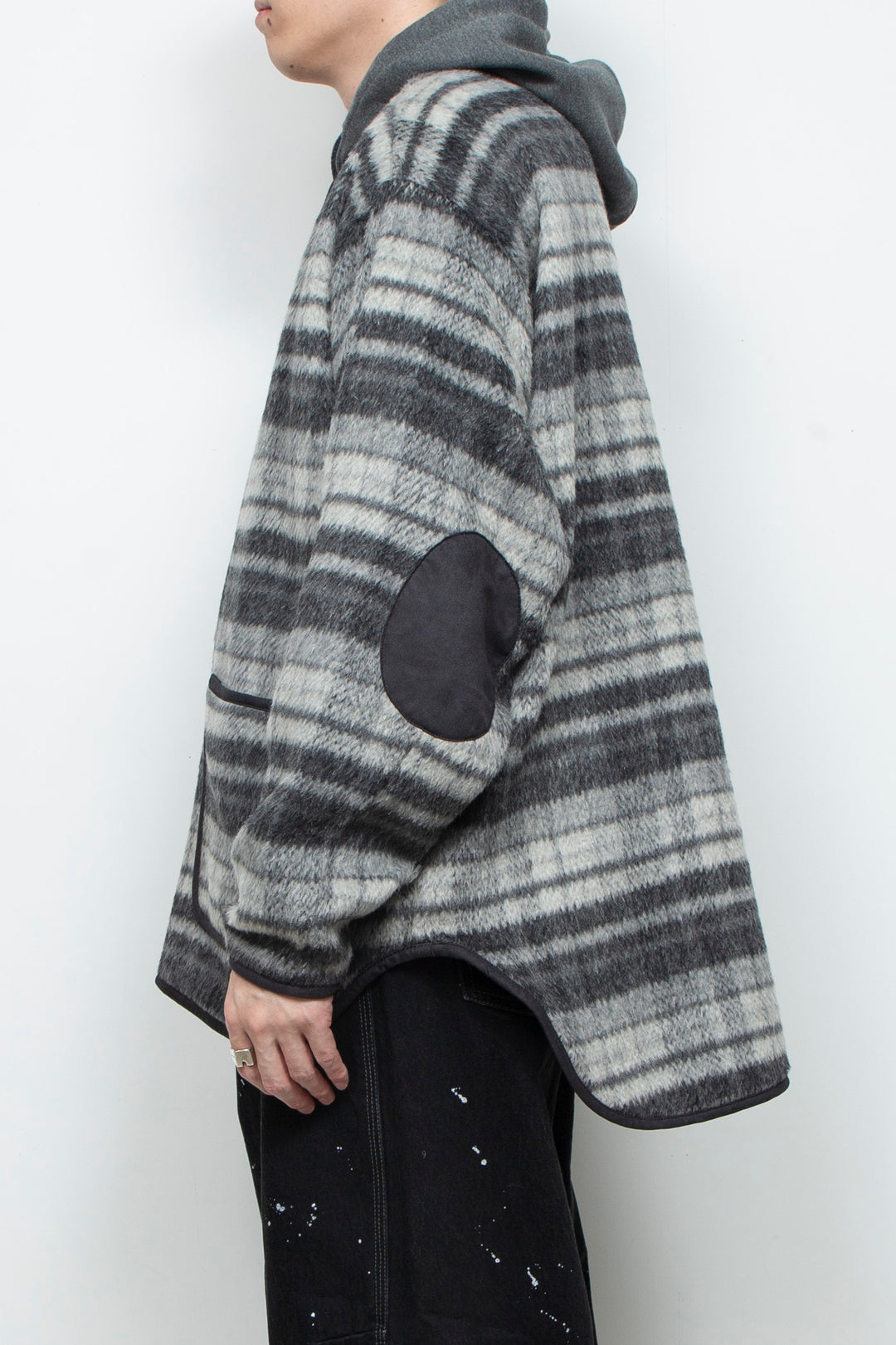 Suede Combo Shaggy Check Cardigan CHARCOAL