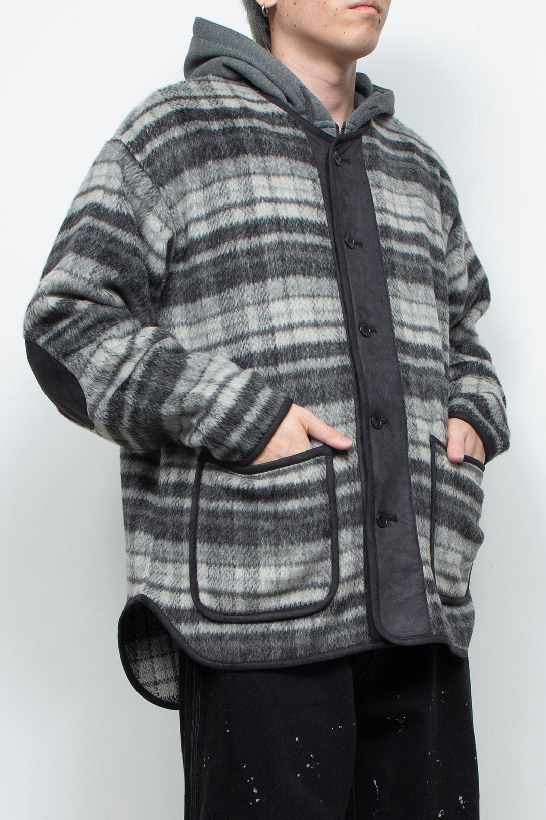 Suede Combo Shaggy Check Cardigan CHARCOAL
