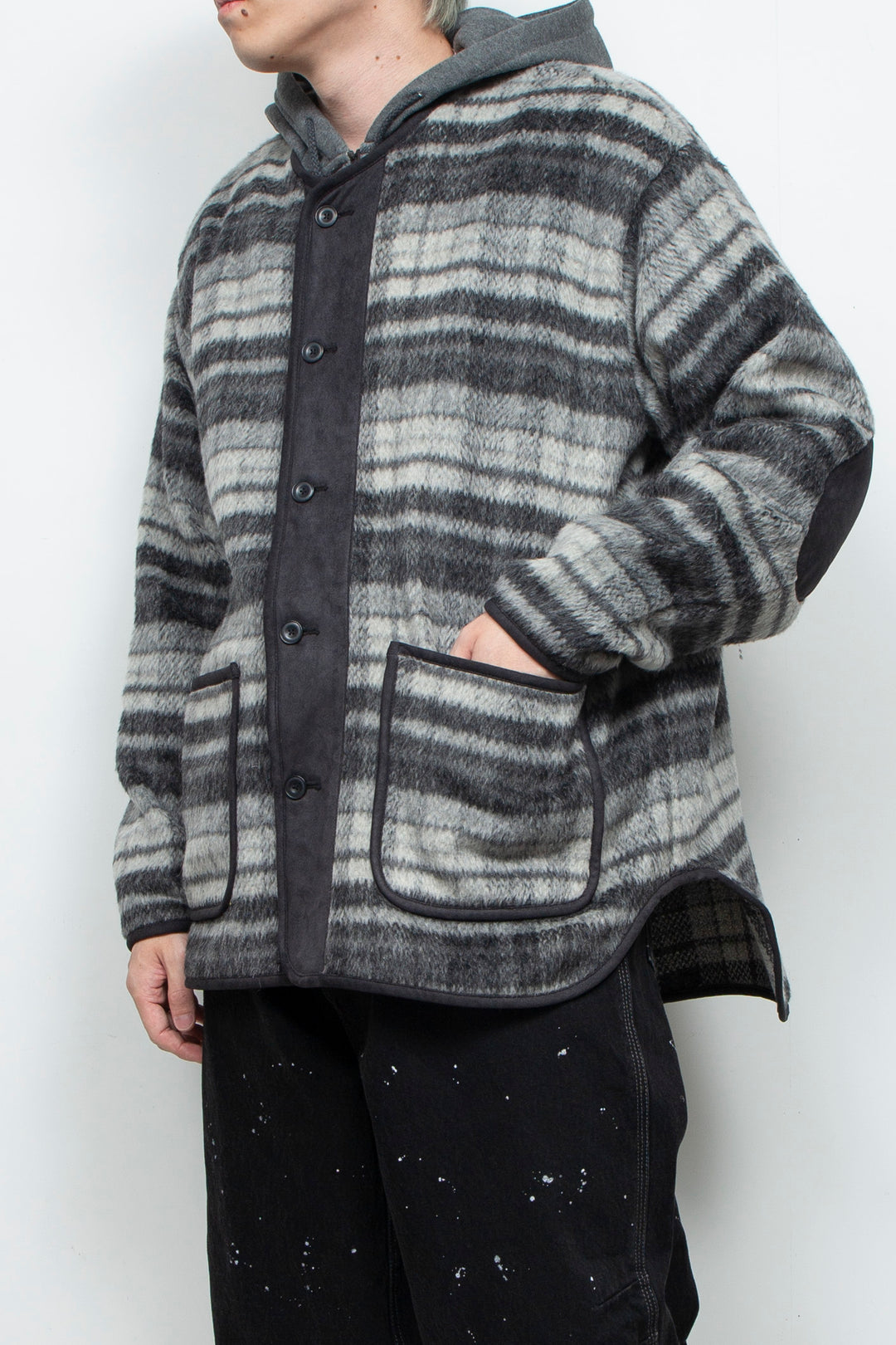 Suede Combo Shaggy Check Cardigan CHARCOAL