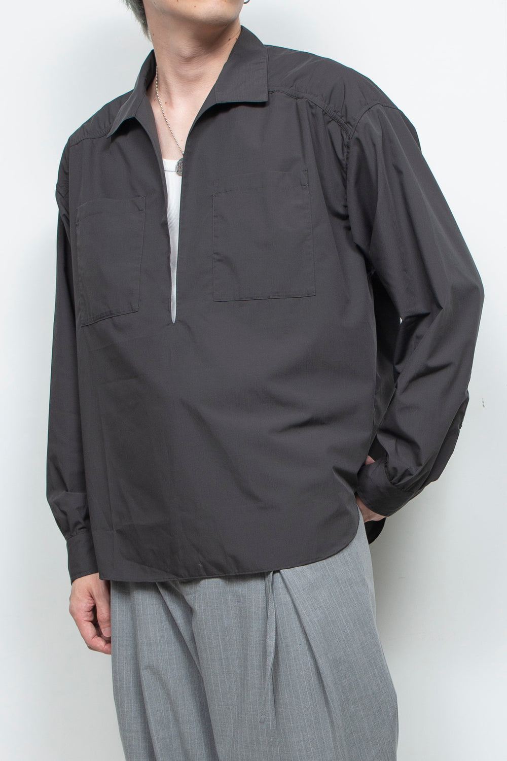 Rayon Broad Gathered Skipper Shirt CHARCOAL