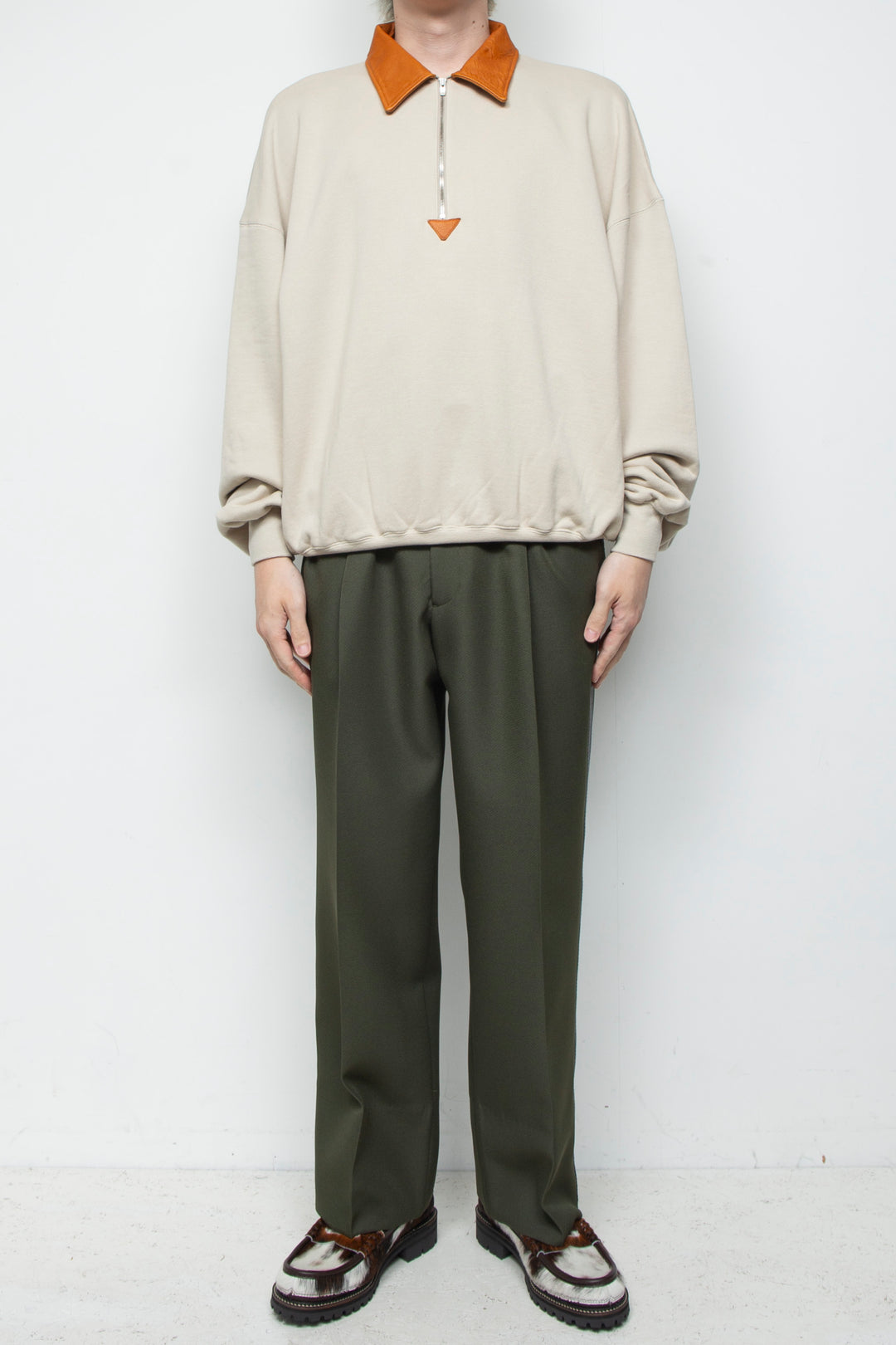 "BROTHERS" Leather x Original Supima Aging Cotton Sweat BEIGE