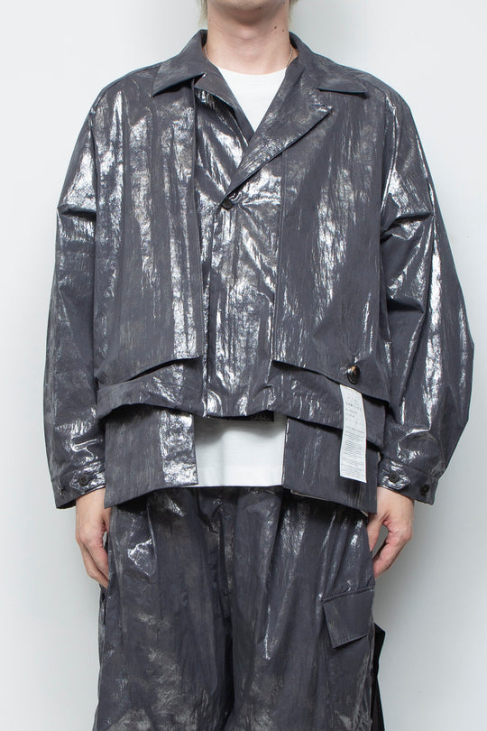 Washed foil coated short trench jacket STEEL GRAY