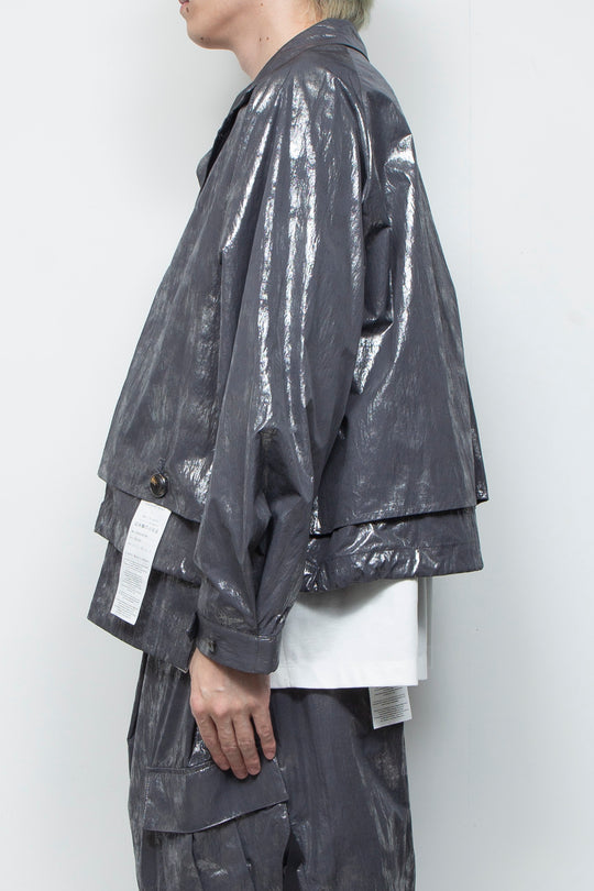 Washed foil coated short trench jacket STEEL GRAY