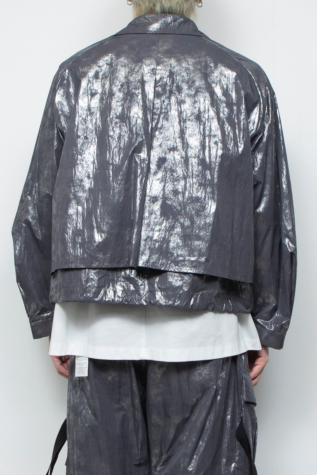 Washed foil coated short trench jacket STEEL GRAY
