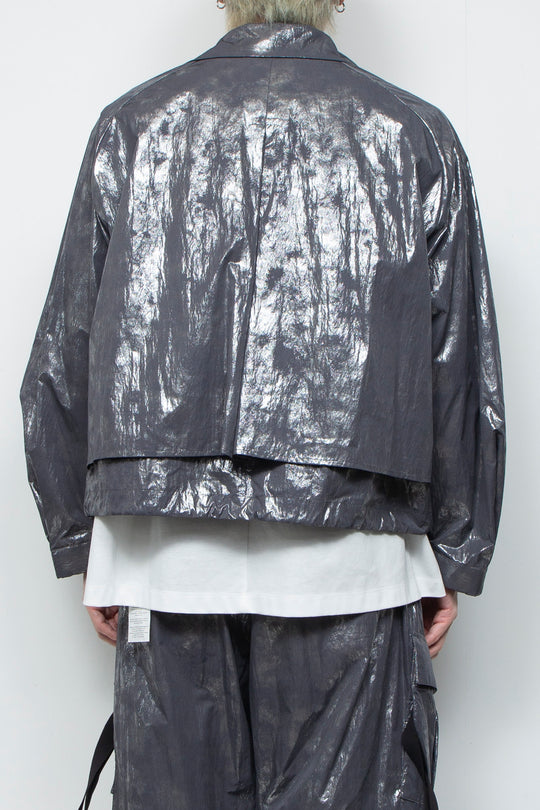 Washed foil coated short trench jacket STEEL GRAY