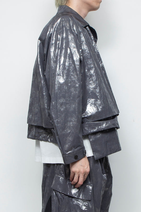 Washed foil coated short trench jacket STEEL GRAY