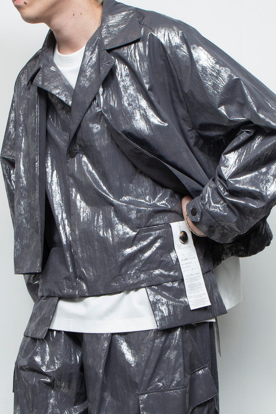 Washed foil coated short trench jacket STEEL GRAY