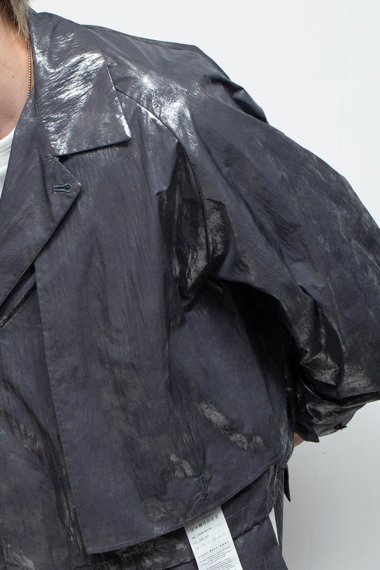 Washed foil coated short trench jacket STEEL GRAY