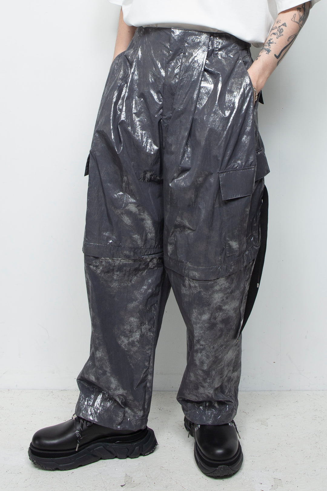 Washed Foil Coated Detachable Cargo Pants STEEL GRAY