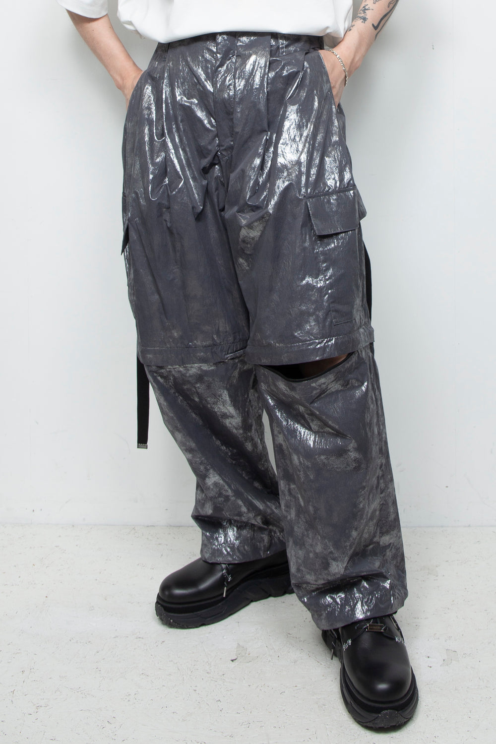 Washed Foil Coated Detachable Cargo Pants STEEL GRAY