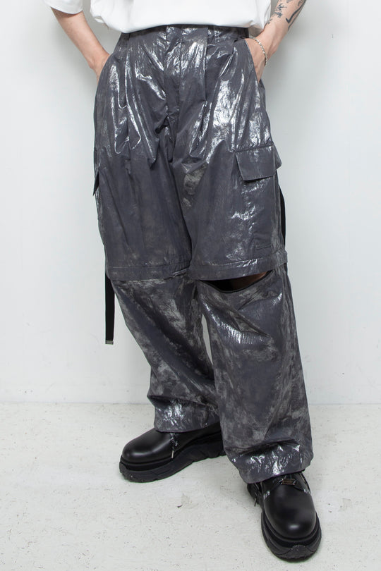 Washed Foil Coated Detachable Cargo Pants STEEL GRAY