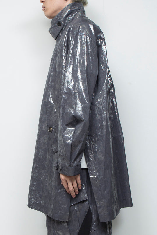 Washed foil coated stand collar light coat STEEL GRAY