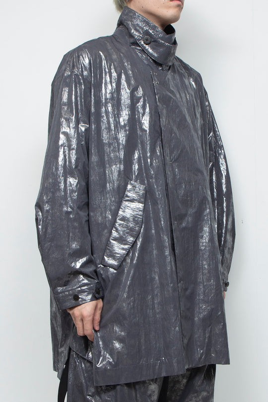 Washed foil coated stand collar light coat STEEL GRAY