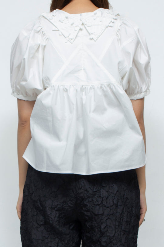 Ribbon tulle collared blouse white